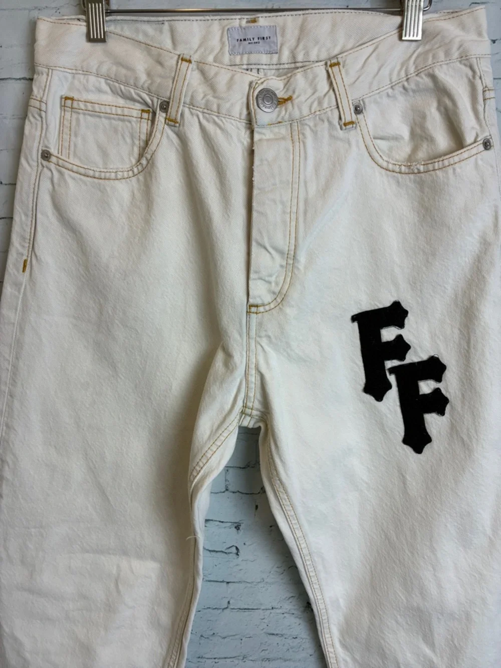 Family First Milano Men Logo Jeans White Black 32” X 32” Italian Preppy Summer